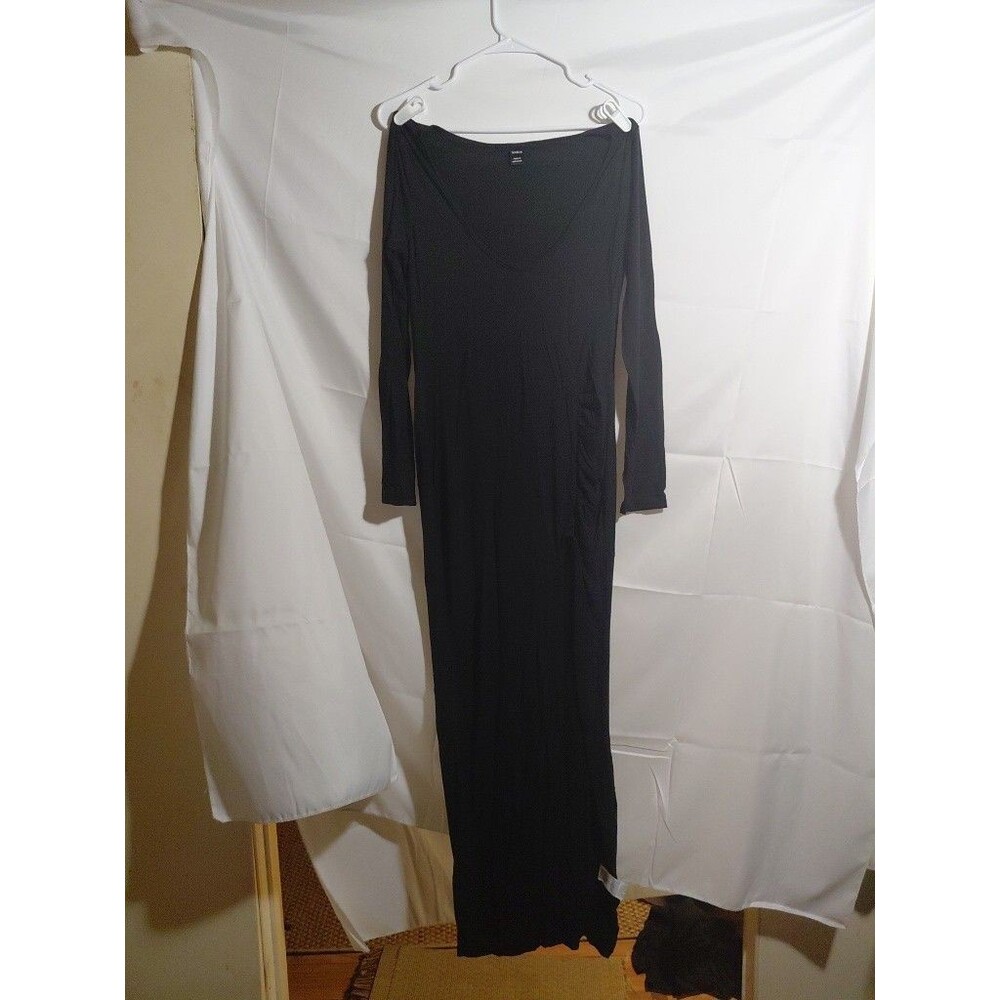SHEIN Black V-Neck Long Sleeve Scrunch Front Slit Maxi Dress Women's Size M